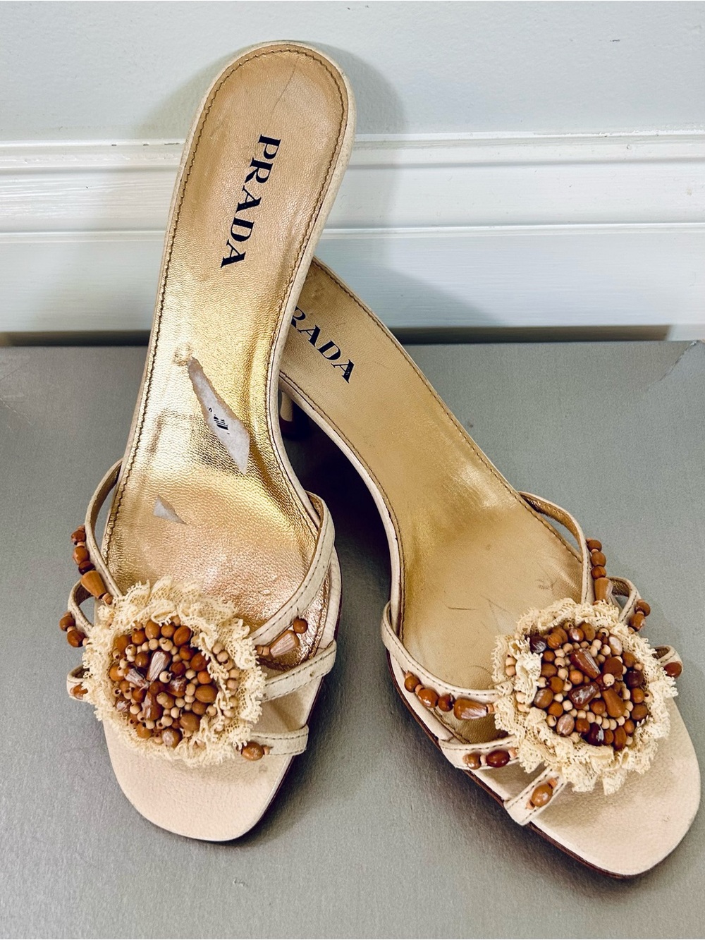 Prada Women's Cream Crochet Lace & Beaded Slide Kitten Heels | 2000s - Picture 2 of 10